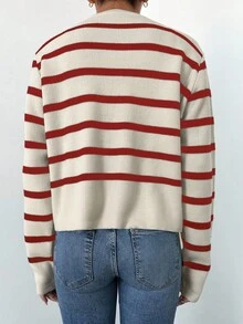 EURMUSE Women Button Round Neck Long Sleeve Striped Design Everyday Casual Cardigan - Merah - View 2