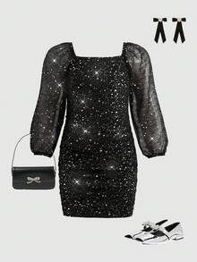 SHEIN Young Girl Knitted Puff Sleeve Square Neck Casual Dress - Black - View 1