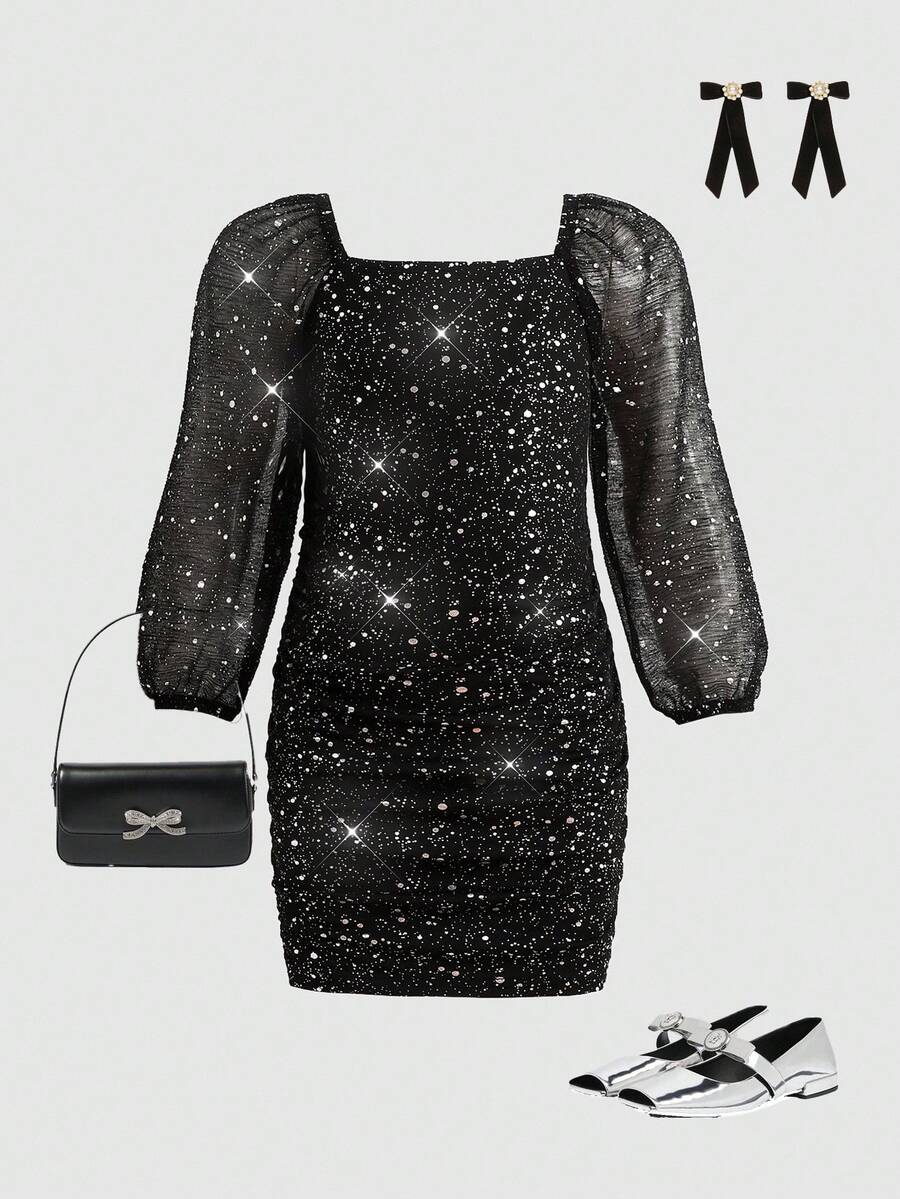 SHEIN Young Girl Knitted Puff Sleeve Square Neck Casual Dress - Black - View 1