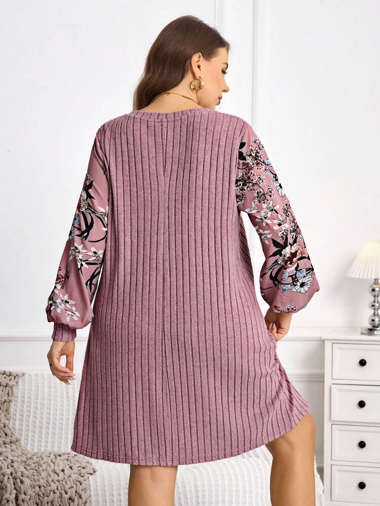 Plus Size Women Floral Print Patchwork Lantern Sleeve V-Neck Casual Midi Dress Cozy Fall And  New Year Dress Pink Dress Maija    Party Elegant Dress Women Elegant Dress Women,Flower/Spring/Summer/Vacation