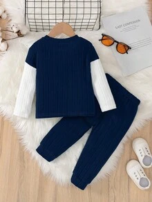 SHEIN Playful Pals 2 件套幼儿男童休闲拼色长袖上衣和条纹抽绳裤套装，带有黄色口袋，适合儿童日常休闲穿着，3 岁男童秋季服装 - 彩色 - 查看 2