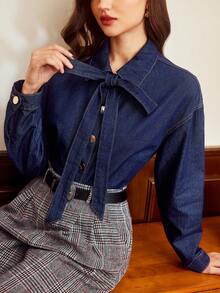 Vintamour Women's Fall/Winter Knotted Collar Drop Shoulder Long Sleeve Single-Breasted Casual Denim Blouse,Casual Chic Long Sleeve Denim Blouse For Women Featuring A Bow Collar And Unique Button Accents