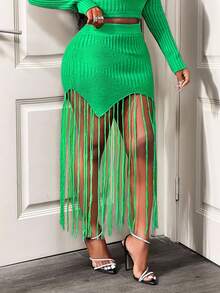 BamGleam Short Fitted Fringed Knit Skirt, Autumn/Winter - Green - View 4