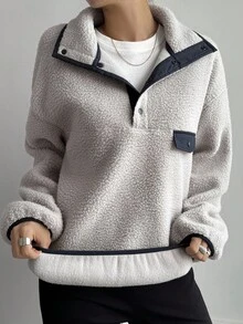 Livesso 女式休闲领半拉链运动衫，秋季 - 灰色 - 查看 8