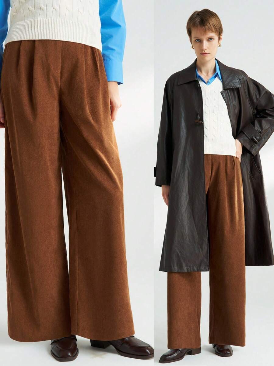 INAWLY Women's Casual Everyday Commute Simple Solid Color Corduroy Comfortable Loose Wide Leg Pants, Autumn/Winter - Brown - View 1