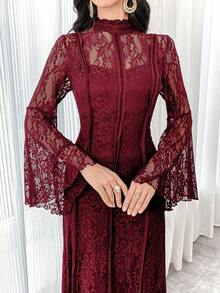 Modelyn Women's Stand Collar Flare Sleeve Lace Elegant Long Arabic Style Dress Long Evening Dresses