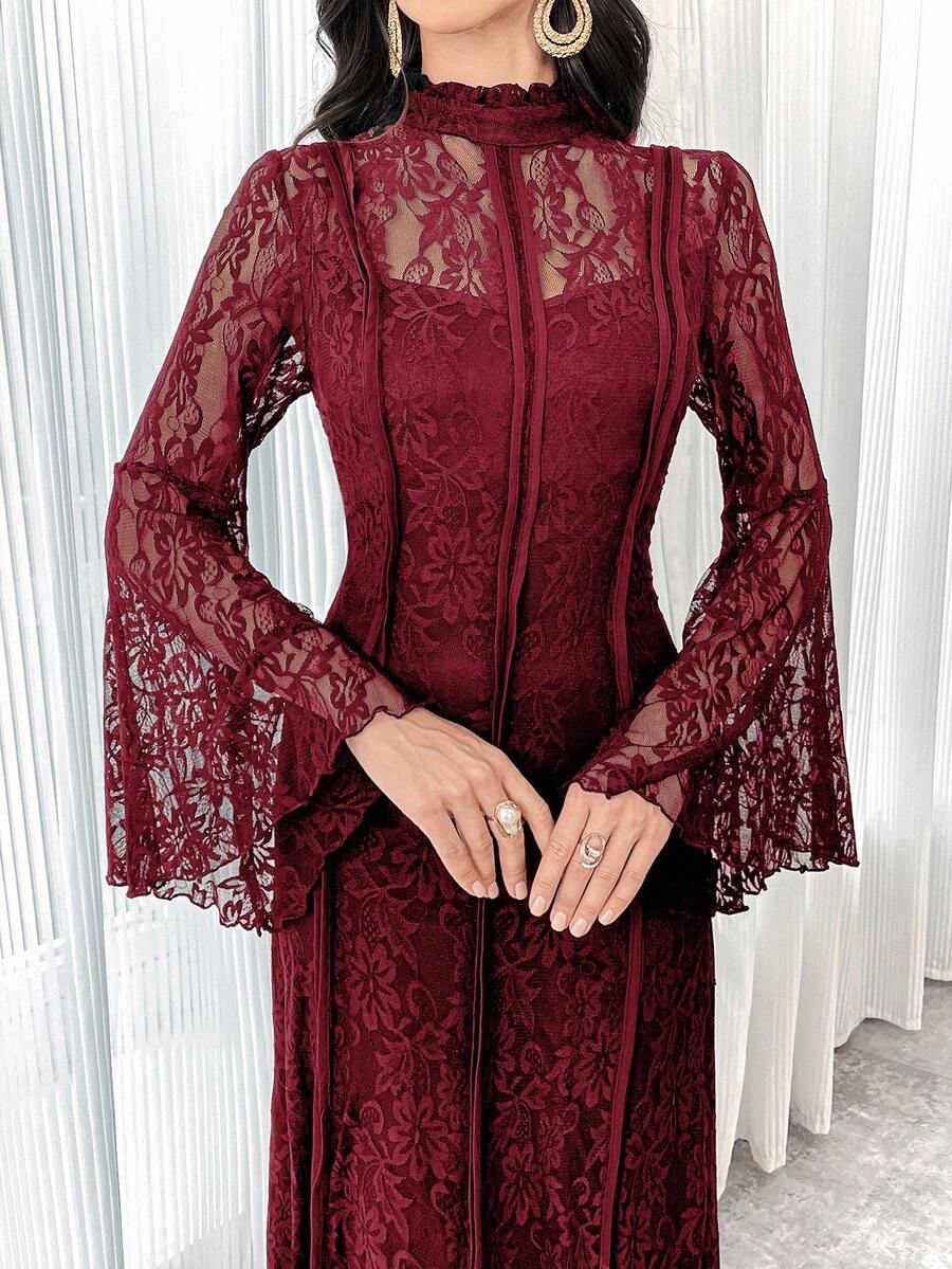 Modelyn Women's Stand Collar Flare Sleeve Lace Elegant Long Arabic Style Dress Long Evening Dresses