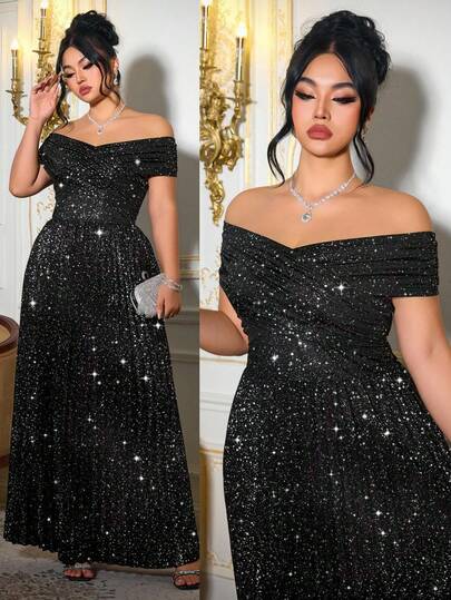 Roveilla Vestido de fiesta maxi con escote asimétrico de hombros, sin mangas, con pliegues y bajo con volantes, de tela elástica de punto y tejido, con detalles de brillo, talla grande