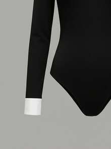 Franclia # 2025 New Arrival Shirt Collar Color-Block Detailing Long Sleeve Bodysuit – Timeless Black-And-White Palette, Slim-Fit Body-Hugging Silhouette For Figure-Flattering Charm & Effortless Versatility - Black - View 3