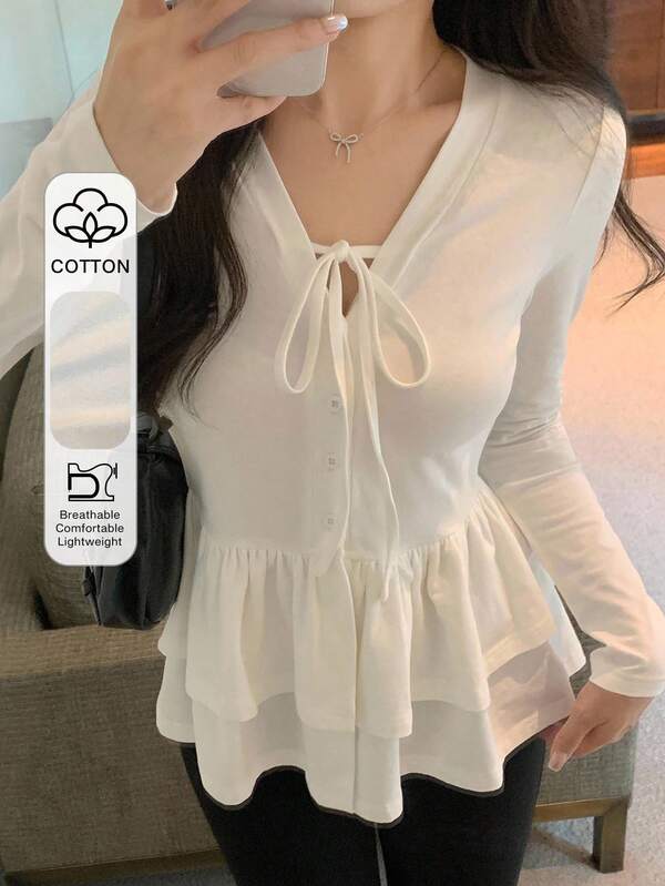 DAZY Women's Solid Color Ruffled Tie Front Casual Tee, Korean Style, Spring/Autumn Long Sleeve Women Tops,Fall Women Clothes