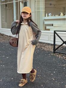 DAZY Tween Girls Knitted Collared Color Block Raglan Sleeve Dress, Fall - Apricot - View 2