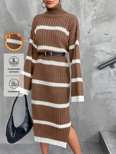 RueChic Women Frenchy Black And White Striped Turtle Neck Knit Dress,Petite