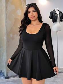 SHEIN EZwear 大码纯色网眼拼布连体衣 - 黑色 - 查看 6