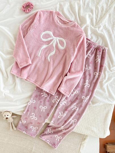 Genkimix Kids Tween Girls Pajamas Set, Flannel Butterfly & Heart Print Sleepwear, Embroidered Bow Crew Neck Long Sleeve Top Paired With All-Over Butterfly Print Pants, Soft & Cozy, Cloud-Like Comfort, Great For Christmas, Valentine's Day, Birthday, Best Friend Gifts Bow Pjs