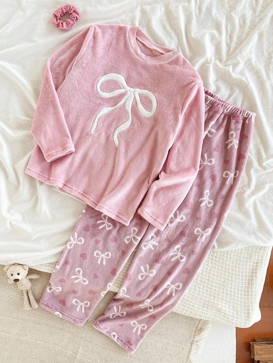 Genkimix Kids Tween Girls Pajamas Set, Flannel Butterfly & Heart Print Sleepwear, Embroidered Bow Crew Neck Long Sleeve Top Paired With All-Over Butterfly Print Pants, Soft & Cozy, Cloud-Like Comfort, Great For Christmas, Valentine's Day, Birthday, Best Friend Gifts Bow Pjs - Pink - View 1