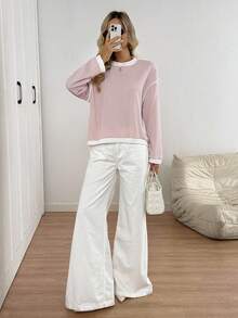 Easowa Áo nỉ dài tay màu tương phản chắp vá thường ngày dành cho nữ ngày lễ tình nhân vào mùa thu/đông - Hồng - Xem 4