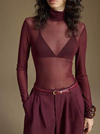 Ontre Blusa a collo alto in rete trasparente da donna, minimalista e versatile, adatta per l'abbigliamento casual da ufficio in autunno