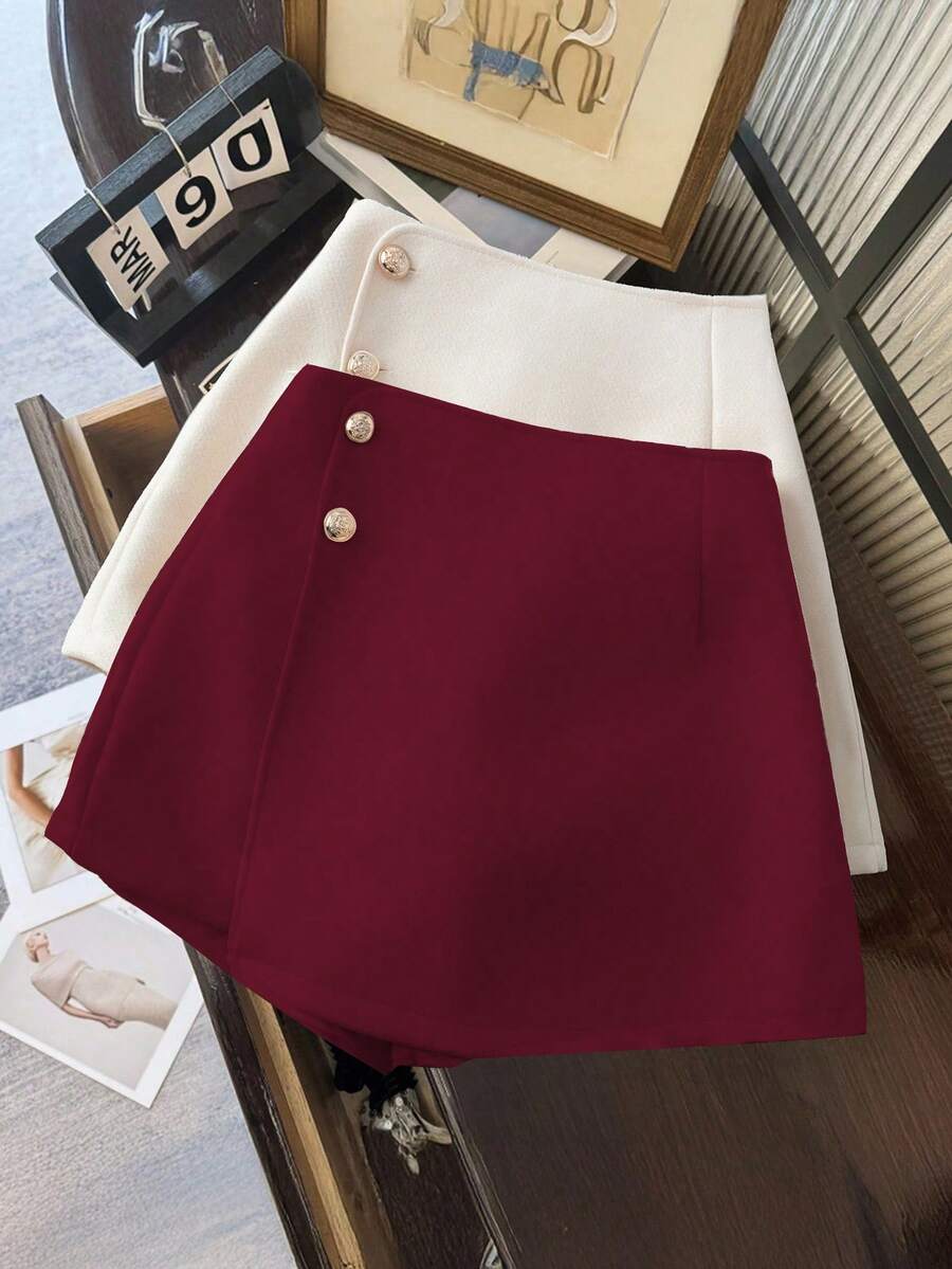 SHEIN Franclia High-End Elegant Button Design Culottes For Women - Burgundy - View 1