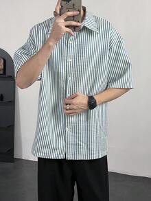 Claim Dot Men's Striped Short Sleeve Casual Loose Button-Down Shirt