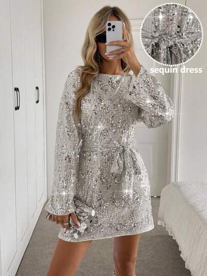 Easowa Silver Sequin Embellished Elegant Women's Mini Dress, Round Neck Long Sleeve With Waist Tie, Suitable For Party, Date Outfit, Christmas, New Year, Valentine's Day Silver Sequin Dress Sparkle Dress Glittery Dress Long Sleeve Dress Silver Dress Fall Clothes For Women  Winter Clothes For Women Fall Dresses For Women Winter Dress Women Halloween  Christmas Dress New Year Dress  Party Dress  Going Out Dress Graduation Dress  Prom Dress   Elegant Dresses For Women Luxury Evening Dresses For Women Evening Dress Chic Wedding  Chic Dress Sequin Dress Sparkly Dress