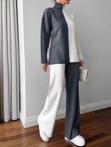 EURMUSE Colorblock Beige Sweater And Pant 2 Pcs Knitwear Set Casual Simple - Dark Grey - View 4