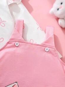 SHEIN قطعتان لفتيات الرضع، أنيقة وحلوة وجميلة لفصلي الربيع والخريف، ملابس علوية طويلة الأكمام بياقة دائرية مطبوعة بفيونكة وفستان آخر بأكمام بلا أكمام مطبوع بقطة وردي، مناسبة للارتداء اليومي - وردي - مشاهدة 6