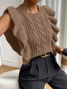 SHEIN LUNE Chaleco de punto con volantes de unicolor para mujer, adecuado para ir al trabajo - Café integral - Ver 3