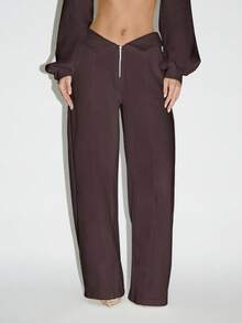 KIZN 休闲高腰阔腿裤，水晶前拉链，复古风格，卷边腰带，晚会正式派对礼服裤 - 咖啡棕 - 查看 2