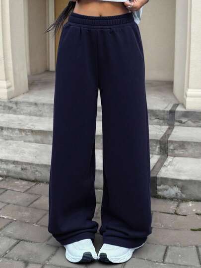 Tween Girl Solid Light Grey Causel Sports Knit Loose Straight Leg Sweatpants, For Casual Daily Wear Wide Leg Sweatpants Comfy Pants Navy Blue Sweatpants Navy Blue Wide Leg Sweatpants