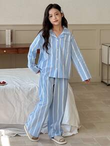 DAZY 女童条纹长袖上衣和裤子睡衣套装，秋季 - 藍色 - 查看 3