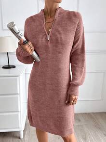 EURMUSE Women Plain Knit Design Knit Dress With Zipper Detail,Petite - Rusty Rose - View 6
