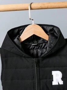 SHEIN 3件組小男孩休閒加厚外套背心、抓絨圓領字母刺繡運動衫與長褲，適合秋冬戶外穿著 - 黑色 - 查看 6