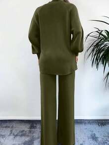 EURMUSE 女式休闲纯色长袖高领毛衣和长裤两件套 - 軍綠色 - 查看 2