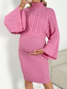SHEIN Pregnant Women Solid Color Cable Turtleneck Long Sleeve Top And Skirt Elegant Sweater Set - Pink - View 7