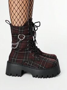 ROMWE Grunge Punk 女士暗黑朋克哥特风系带机车靴，厚底踝靴 - 棕色 - 查看 4