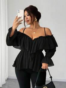 Elenzga Áo hở vai hở lưng gợi cảm cỡ lớn - màu đen - Xem 5