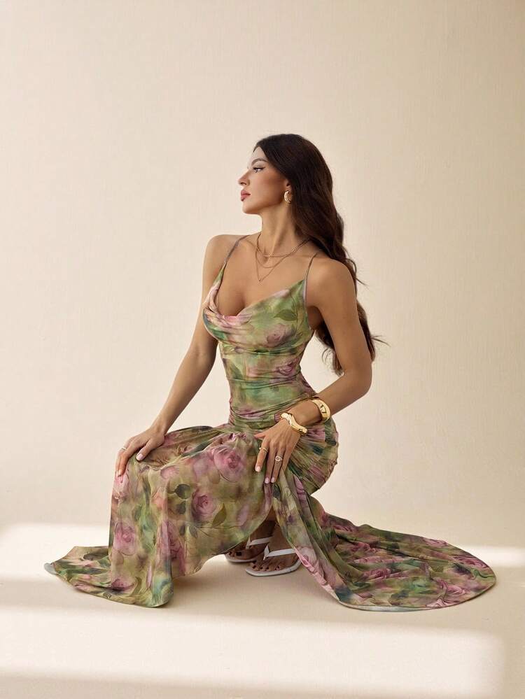 shein pink and green dress SHEIN VCAY Ditsy Floral Knot Side Wrap Dress, M1552637, Green, XS: Buy  Online at Best Price in Egypt