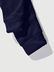 Manfinity Roghcode 男式大卫印花长袖抽绳保暖内衬休闲连帽衫，秋冬款 - 藏蓝色 - 查看 4