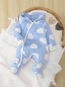 新生女婴可爱粉色心形羊毛连帽长袖连脚连体衣，秋冬婴儿睡衣 - 藍色 - 查看 4