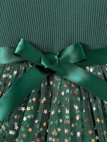 SHEIN Glamorique Kids 小女孩长袖针织薄纱星星网眼公主裙 - 綠色 - 查看 4