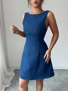 Siren Gaze 女式休闲无袖露背牛仔连衣裙，夏季 - 藍色 - 查看 5