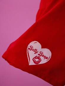 Betty Boop x SHEIN 女式休闲字母和卡通图案连帽衫和短裤两件套，秋季 - 紅白色 - 查看 5