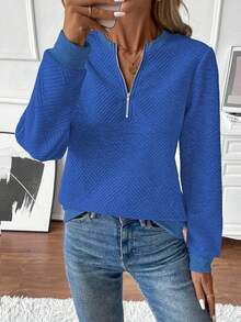 EMERY ROSE Women's Autumn Sweatshirt, Notch Neck, Long Sleeve, Raglan Sleeve, Ribbed Splice, Zipper Decor, Textured Fabric - Blue - View 4