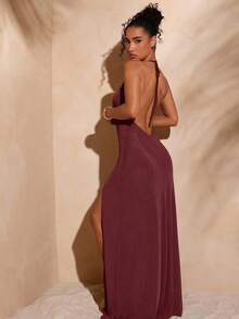 Hauture 女式性感夏季度假外出绿色网眼围脖领前开衩连衣裙 - 中紫紅色 - 查看 2