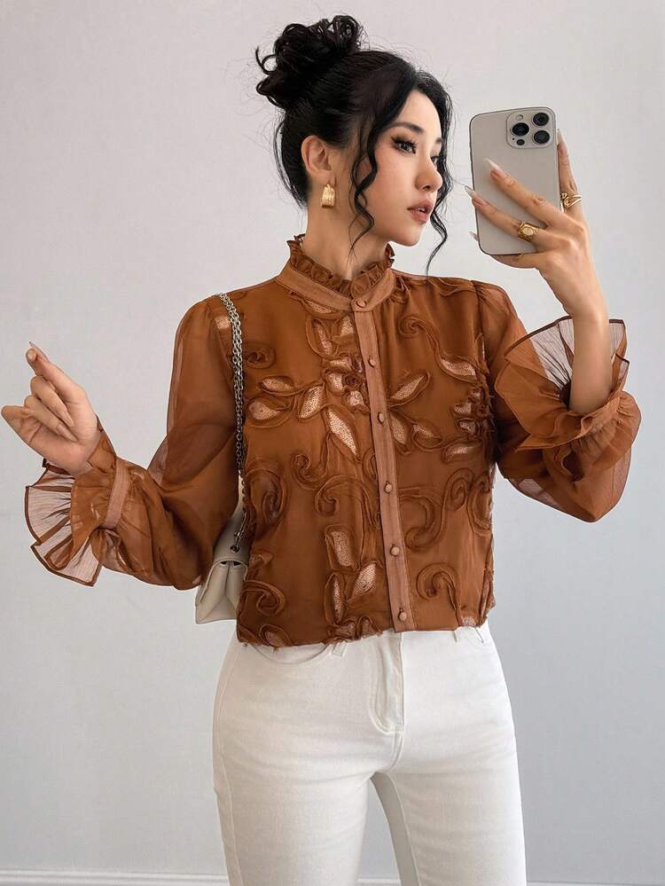 Women's Elegant Plain Textured Blouse, Autumn Long Sleeve Top