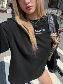 SHEIN EZwear 大碼字母圖案落肩T恤 - 黑色 - 查看 3