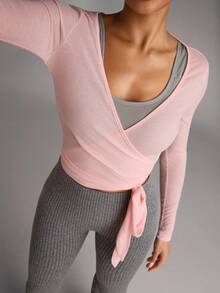 SHEIN BAE Áo thun dài tay buộc dây phía trước thể thao mọi mùa dành cho nữ, họa tiết mỏng, áo chui đầu màu trắng đa năng - Hồng - Xem 3