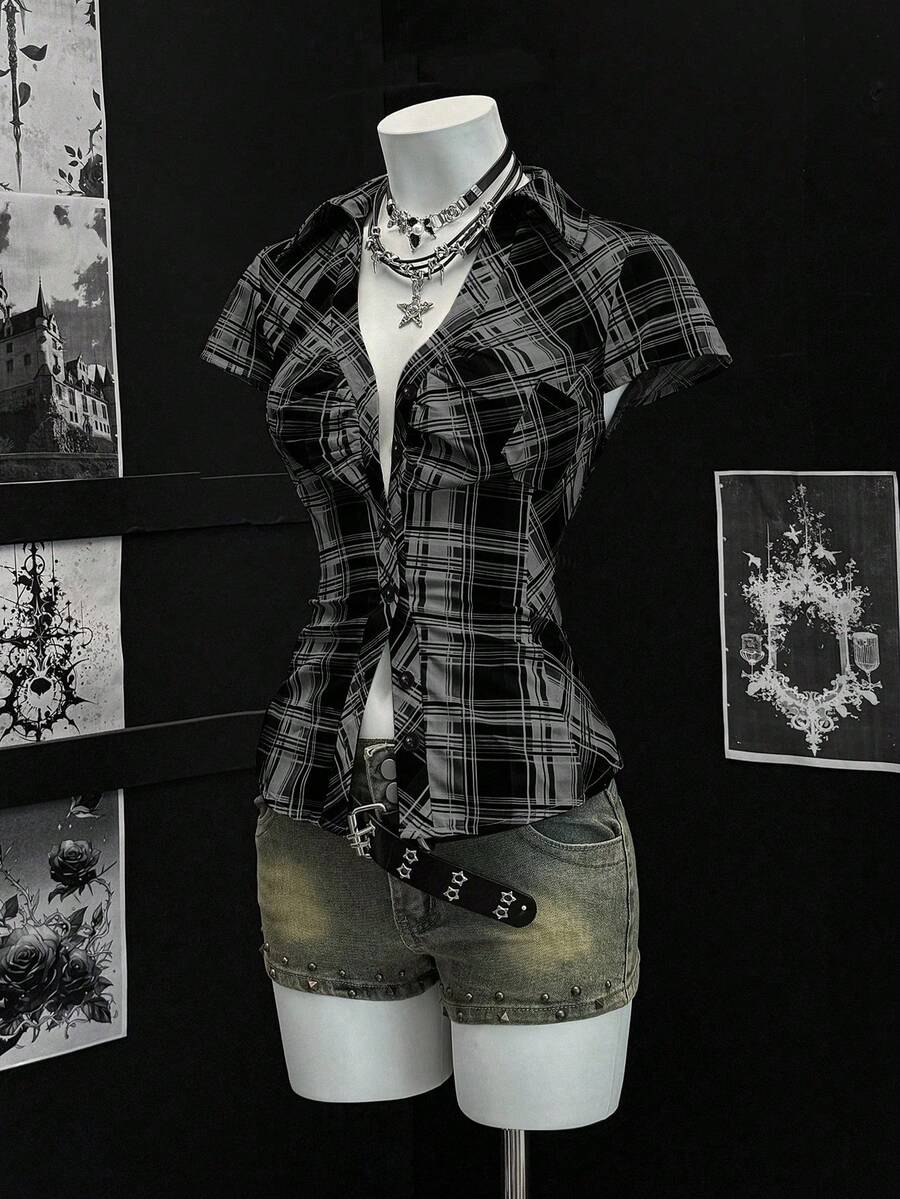 EgrlEra 女士褶裥单排扣修身短袖格子拼接衬衫 - 深灰色 - 查看 1