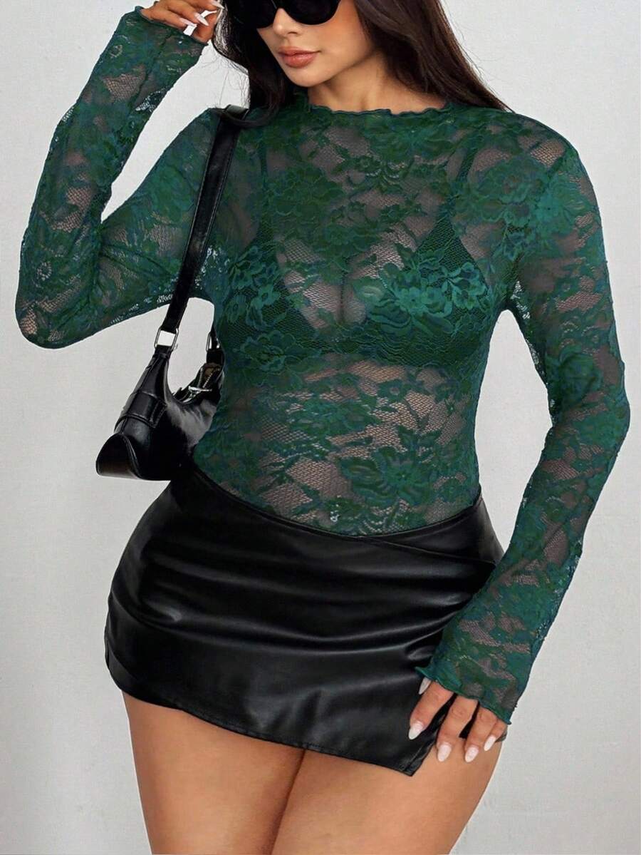 SHEIN Tall 大码女式性感透视蕾丝长袖圆领休闲修身弹力高领T恤，绿色优雅衬衫 - 墨綠色 - 查看 1