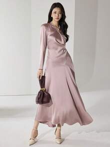 Heiryn Women's Elegant Pleated Ruched Backless Midi Dress, Solid Color, Slim Fit, Spring/Autumn - Pink - View 4